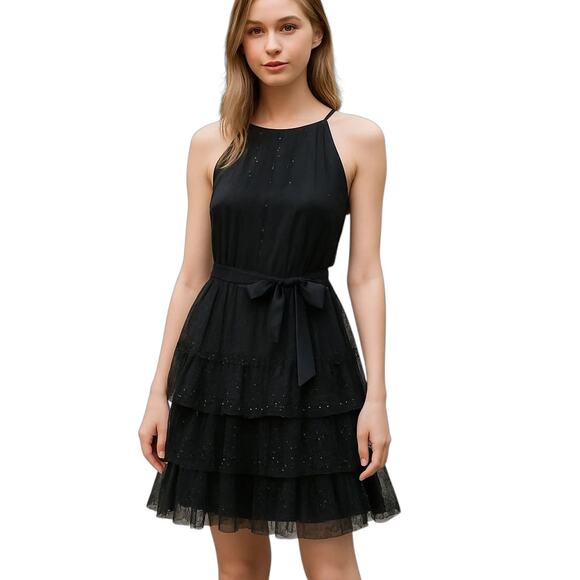Zara‎ Woman Black Silk Lace RuffleTiered Party Coctail Sequin Dress Large - Picture 1 of 14